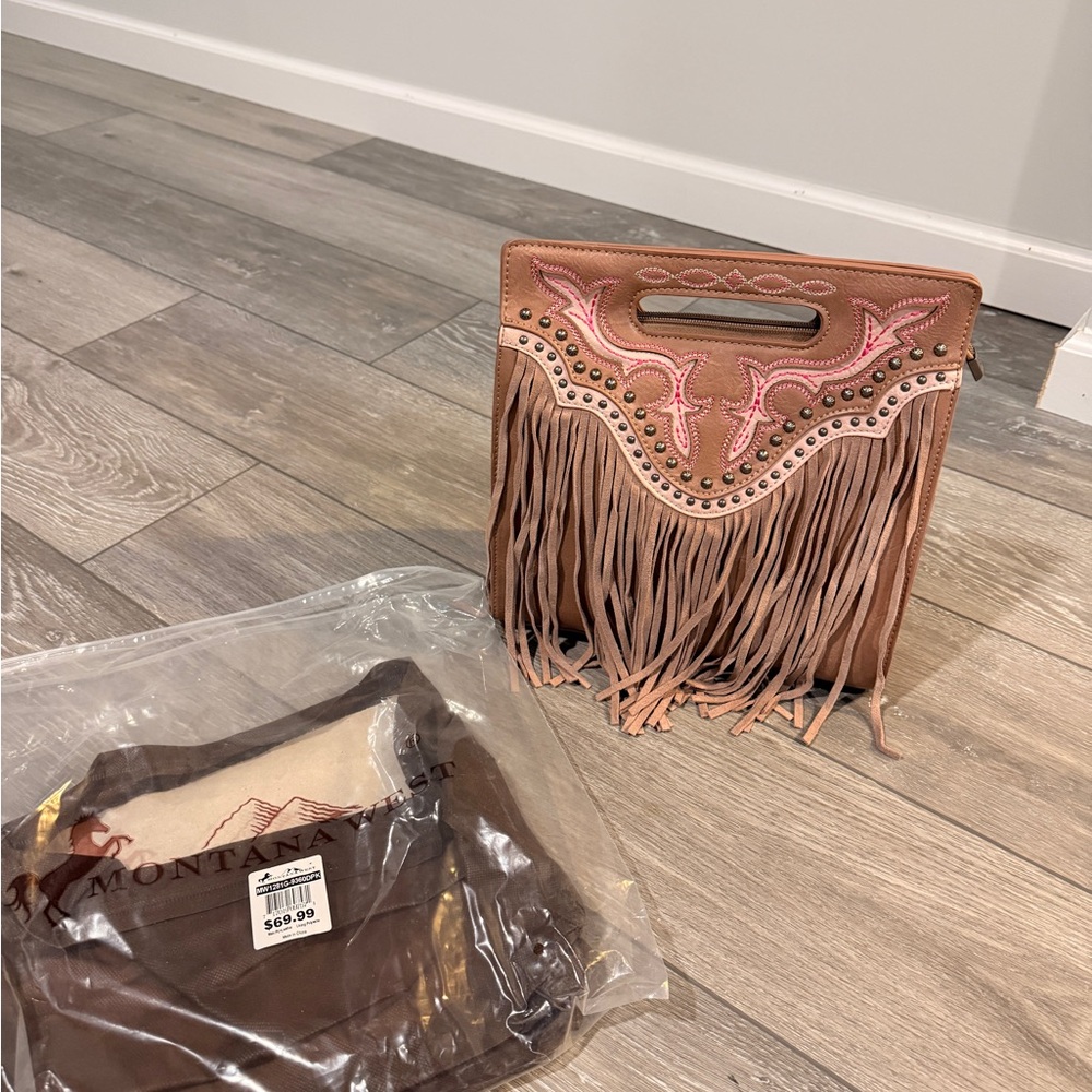 Montana West Brown and Pink Fringe Clutch